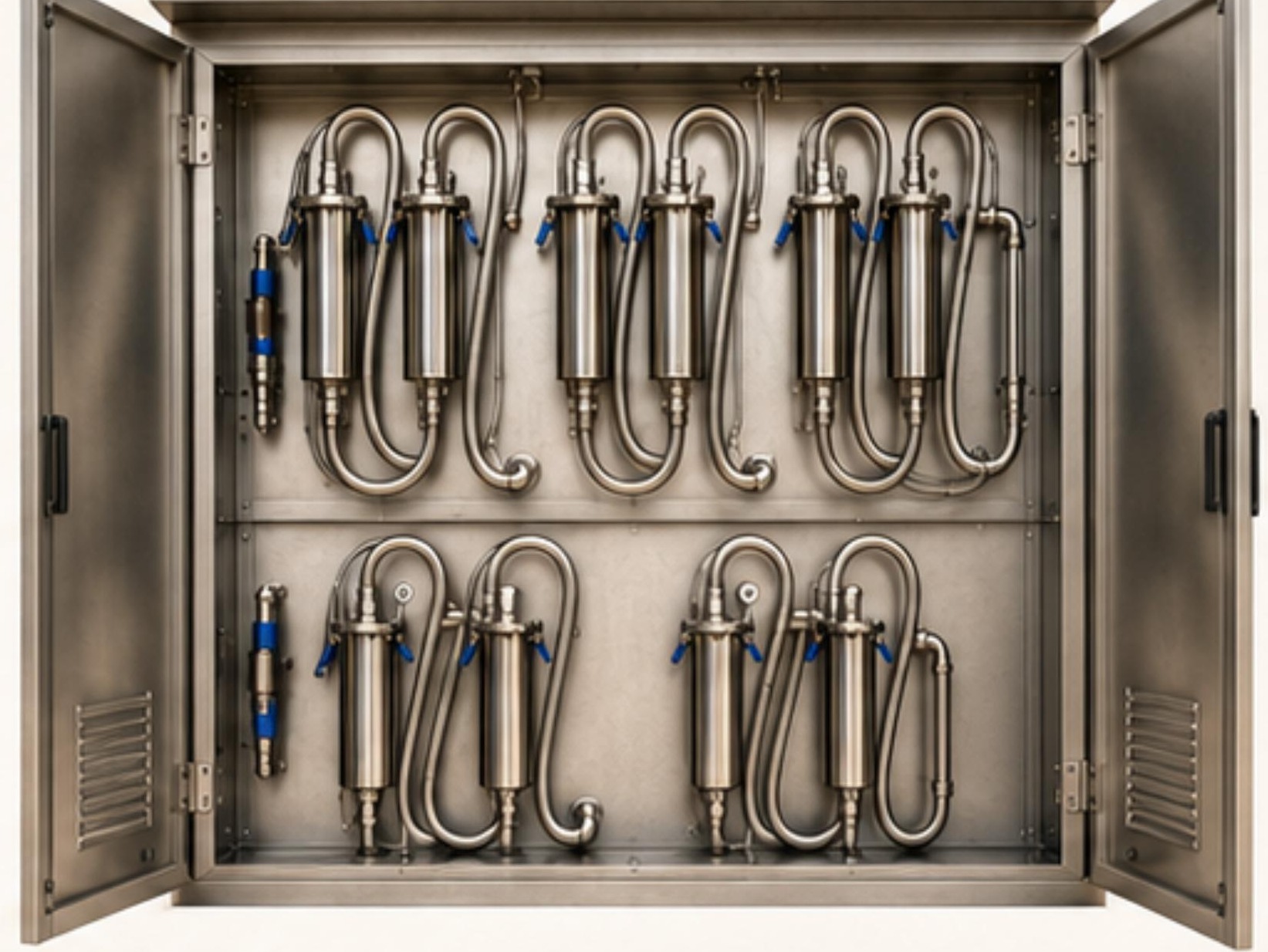 V4A stainless steel multi-bank service box with five filter panels